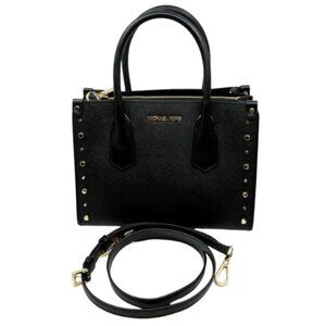 MICHAEL KORS~Mercer Studded Leather Crossbody~BLACK SAFFIANO GOLD STUDS BAG